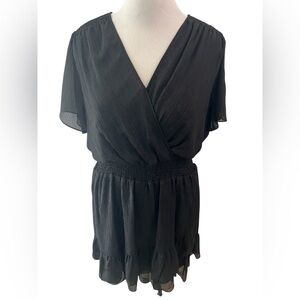 Michael Kors Black V-Neck Short Sleeve Smocked Waist Dress Top